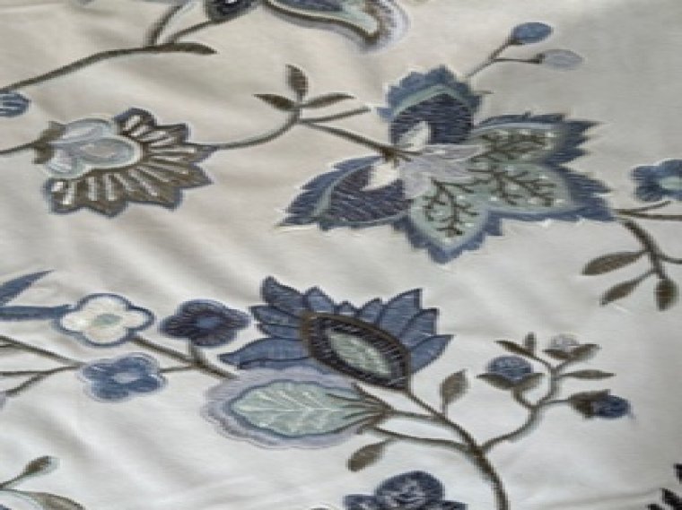Blue and White Embroidered Floral Fabric on Velvet, Crewel, Upholstery