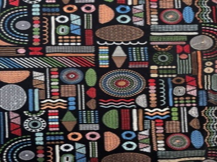 Ethnic, African Embroidery design Fabric on black heavy Cotton for