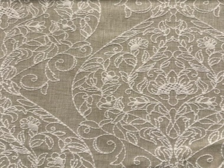 Natural Linen Embroidered Damask Fabric in beige / white, drapes, bed